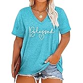Plus Size Blessed Shirts Women V Neck T Shirts Short Sleeve Tshirts Summer Tops