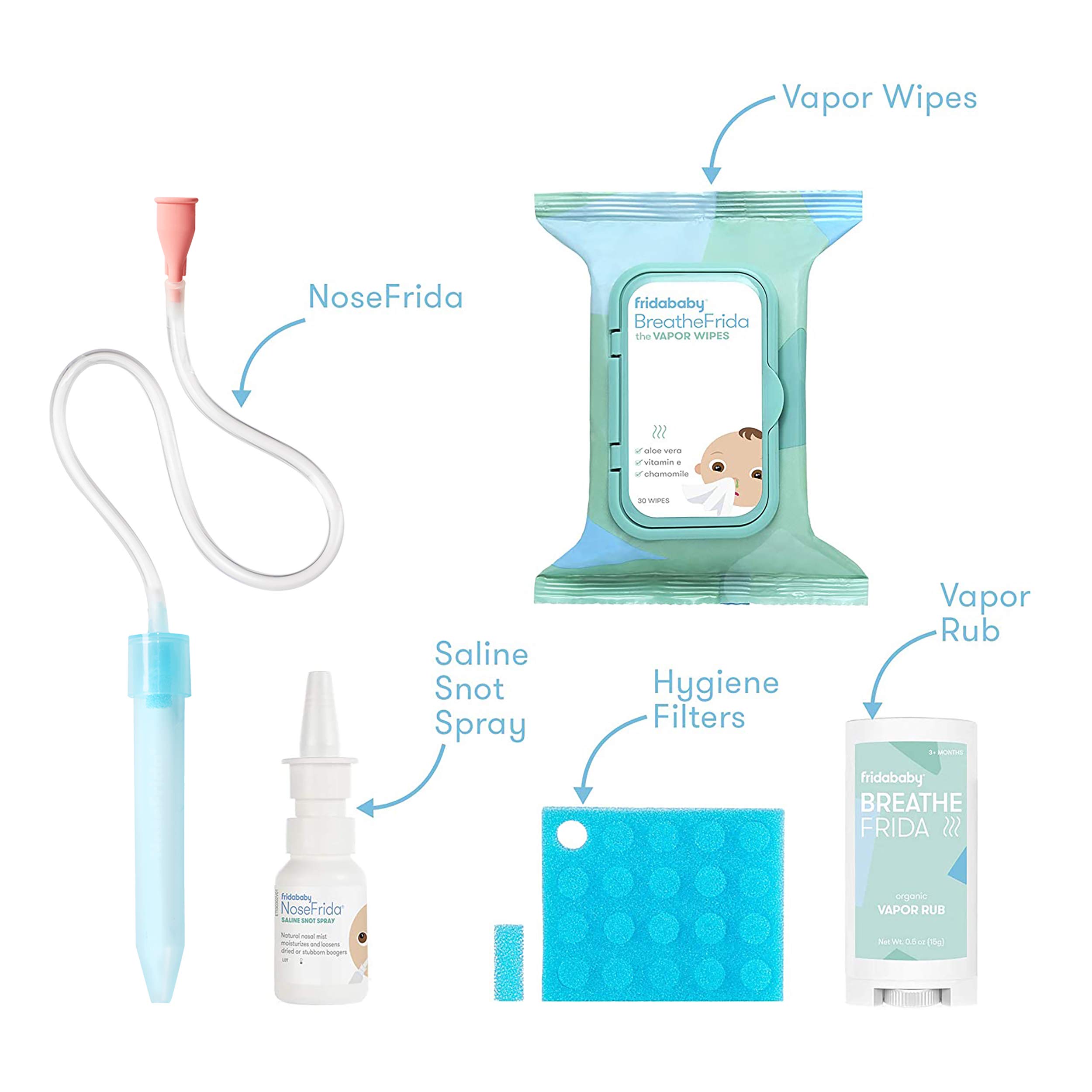 Frida Baby Cold and Flu Relief Set, Congestion Relief Kit, Includes the NoseFrida Nasal Aspirator, Hygiene Filter, Saline Nasal Spray, Baby Vapor Rub & Vapor Nose & Chest Wipes