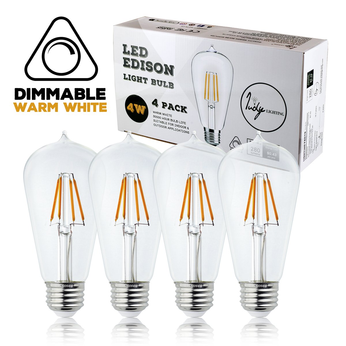 Judy Lighting - 4-Pack Dimmable LED Edison Light Bulb E26 Standard Medium Base (4W LED Warm White)