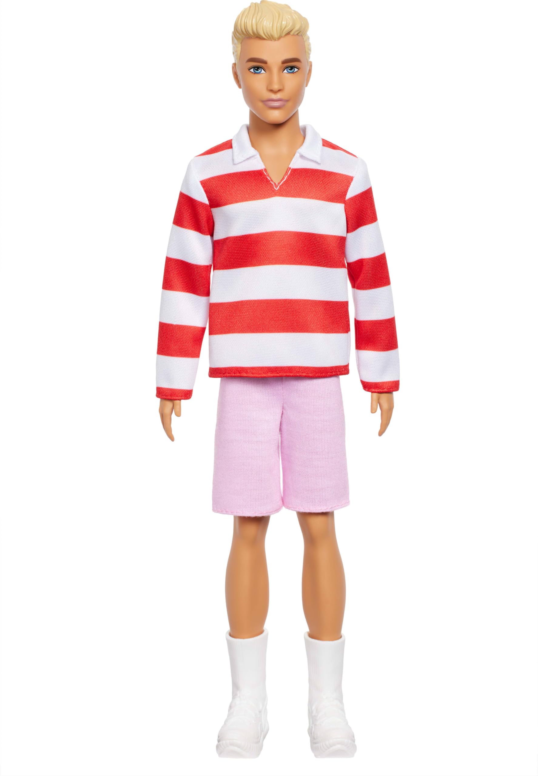 Barbie Fashionistas Ken Doll #241 with Blonde Hair Wearing Red and White Striped Polo Shirt with Pink Shorts, White Crew Socks and Sneakers