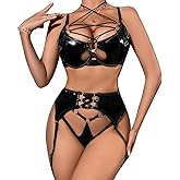 Myilewjt Garter Lingerie for Women Sexy Rave Outfits Shiny Leather Bra and Panty Clubwear Babydoll Bodysuit