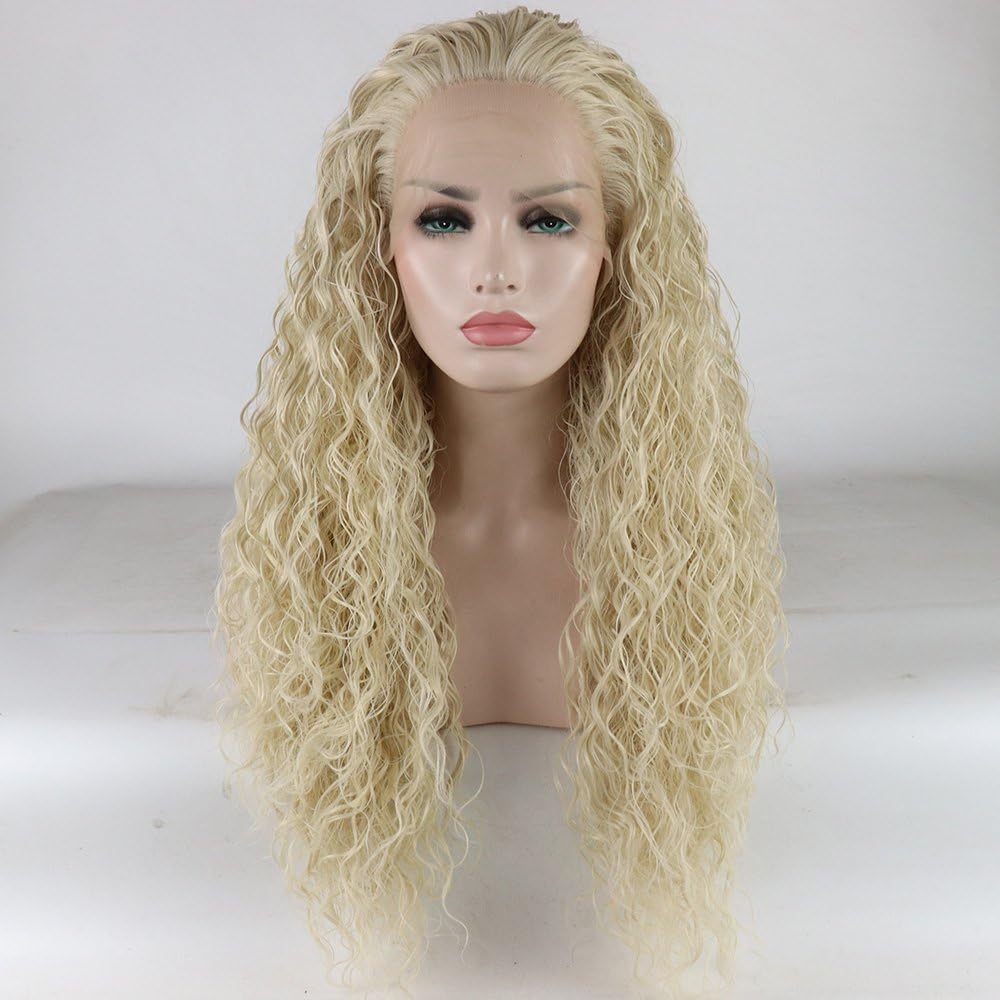 Loose Curly Lace Front Wig #613B Blonde Curl Synthetic Wigs Loose Wave Long Blonde Hair High Temperature Fibers Half Kinky Curly Wig For Women 24 Inches (Blonde)