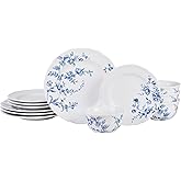 222 Fifth 12-Piece Porcelain Dinnerware Set for 4, White & Blue Plates and Bowls Set, Glossy Ceramic Dish Set with Beautiful Floral Design, Elegant Kitchen Dishes, Microwave & Dishwasher Safe, Bellamy