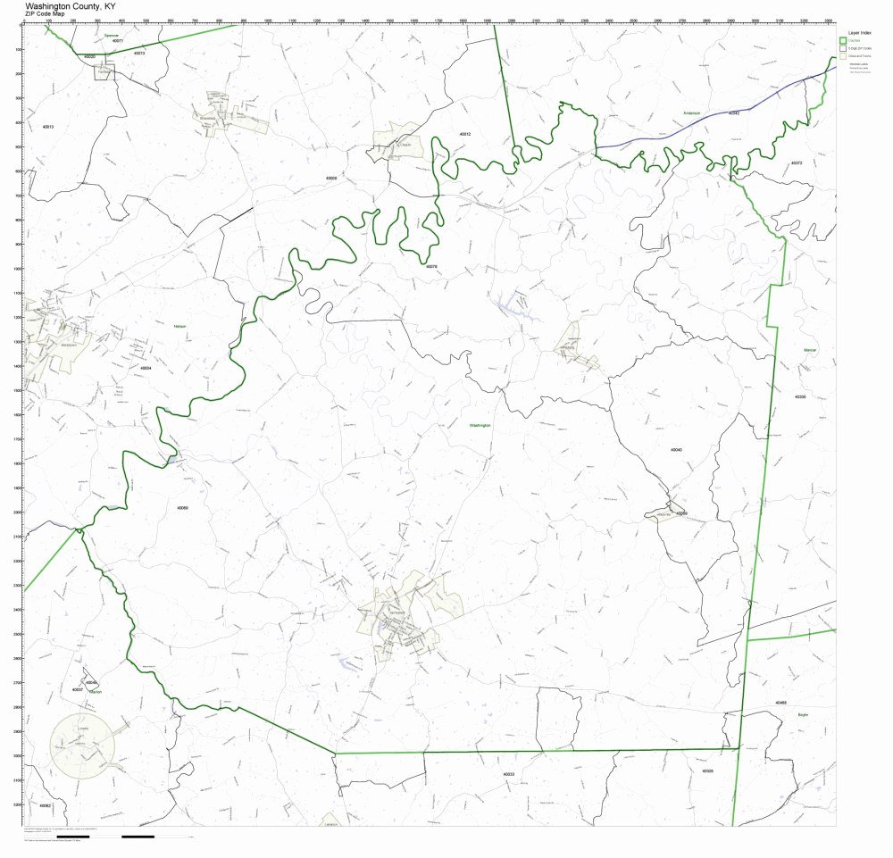 Washington County, Kentucky KY ZIP Code Map Not Laminated