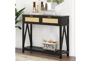 FTZxHKLX Boho Rattan Entryway Console Table, Narrow Entry Table with Rattan Drawers & Open Storage Slats Shelf, Wooden Foyer Hallway Behind Couch Console Sofa Table, Black