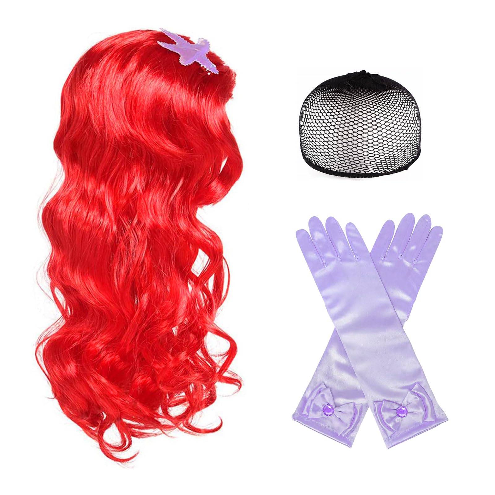 EUPSIIU Mermaid Costume Wigs and Gloves, Angels Princess Little Mermaid Themed Pretend Fancy Dress Up Costume Wig Red Long Curly Cosplay Wig Adult Kids Mermaid for Halloween Christmas Party (Red)