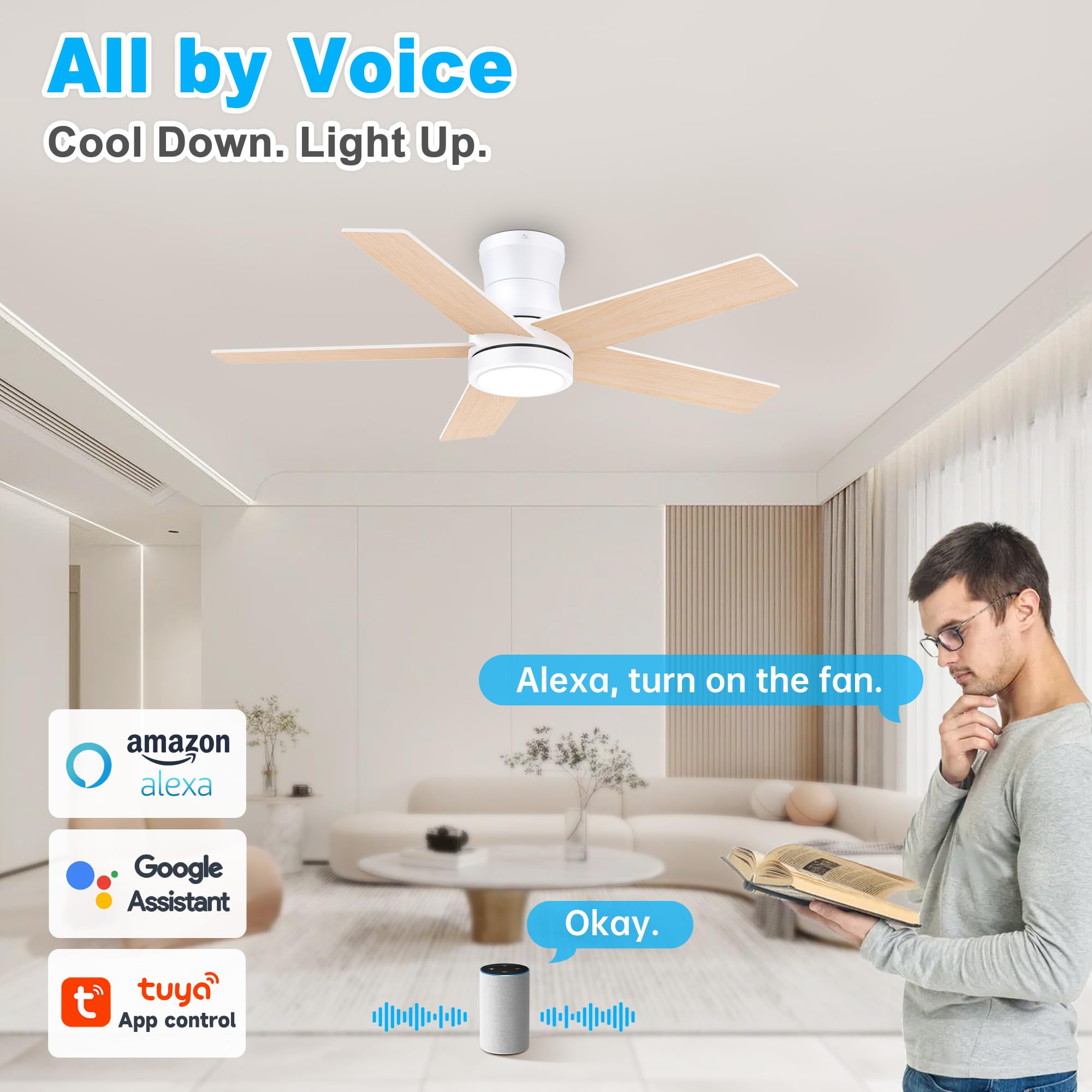 Condition photo showing New/Like New for 42inch smart low profile ceiling fan with lights remote,controll by voice wifi alexa app,quiet dc motor,dimmable,modern white wood fan for bedroom patio porch,outdoor indoor flush mount ceiling fans 42inch white& light wood