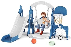 XJD 6-in-1 Toddler Slide and Swing Set, Kids Slide for Toddlers Age 1+, Toddler Outdoor Playset with Basketball Hoop, Football Frame, Swing, Outdoor Indoor Playground for Toddlers 1-3 (Blue)