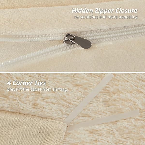 EMME LUXURY FUZZY DUVET COVER SET KING SIZE FLUFFY COMFORTER COVER SET FOR KING BED 2 PIECES SHAGGY AND PLUSH SOFT BEDDING DUVET COVERS (CREAM WHITE, KING)