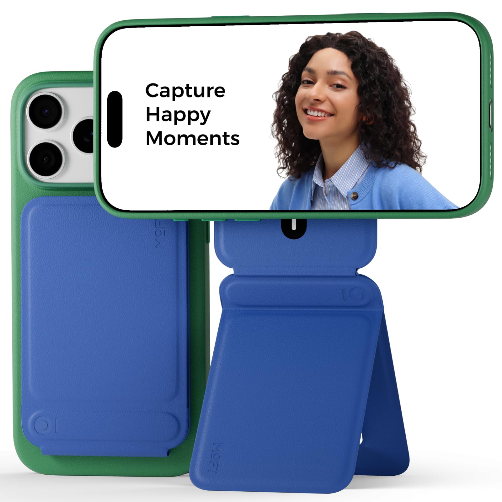 MOFT Phone Tripod Stand Selfie Stick for iPhone, Multi-Angles iPhone Stand, Lightweight & Portable Phone Holder, Strong Magnets, MOVAS Vegan Leather, Travel Essentials, Sapphire (Without Card Slot)