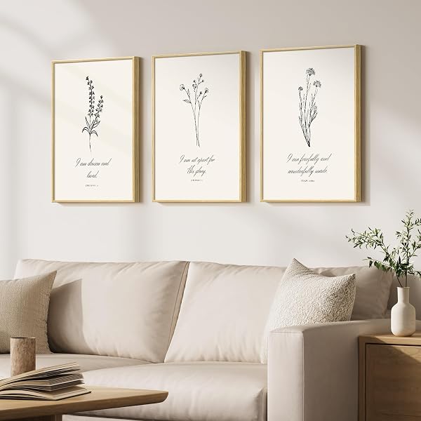 FRAMED CHRISTIAN WALL ART SET OF 3, MINIMALIST BOTANICAL SCRIPTURE PRINTS CHRISTIAN FLORAL ARTWORK I AM VERSES, RELIGIOUS INSPIRATIONAL DECOR FOR LIVING ROOM BEDROOM PRAYER ROOM, 12X16 INCH