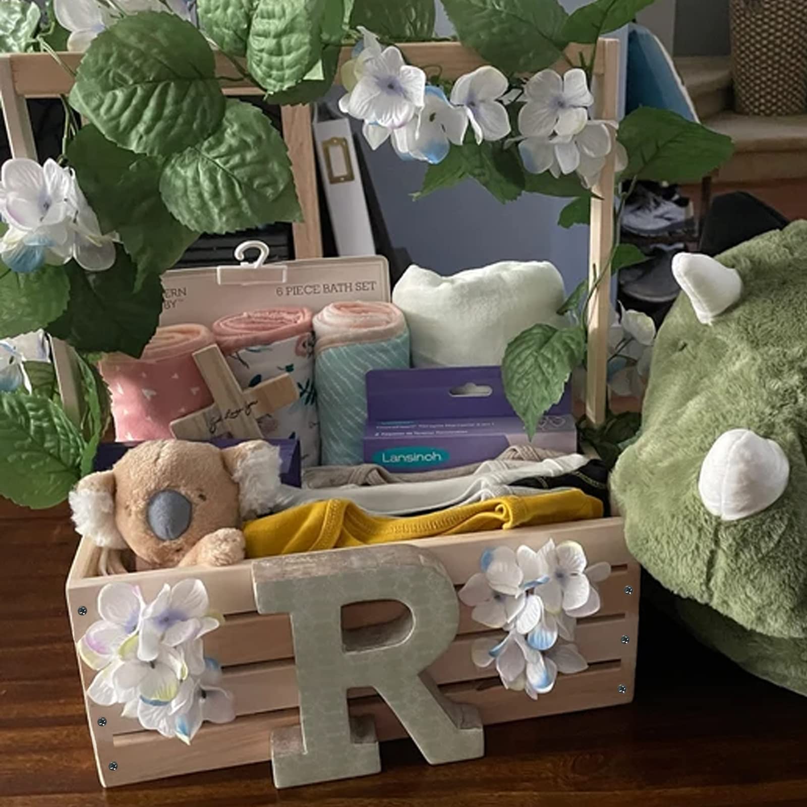 Wooden Baby Shower Crate Closet,Baby Basket with Handle,Large Baby Storage Crate Hamper,Baby Shower Gifts,Wooden Gift Crate,Welcome Gifts Basket for New Born Girls Boys,Pregnancy Gifts for New Parents