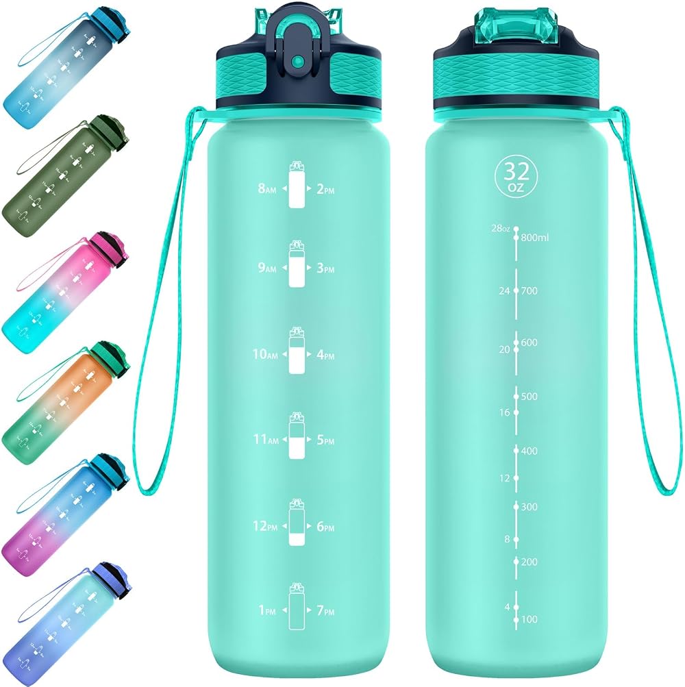 EYQ 1L Water Bottle with Straw, Time Marker, Tritan BPA-Free Leak Proof