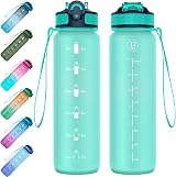 EYQ 1L Water Bottle with Straw, Time Marker, Tritan BPA-Free Leak Proof