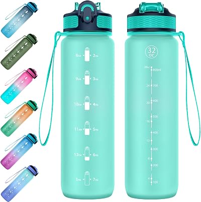 EYQ 1L Water Bottle with Straw, Time Marker, Tritan BPA-Free Leak Proof