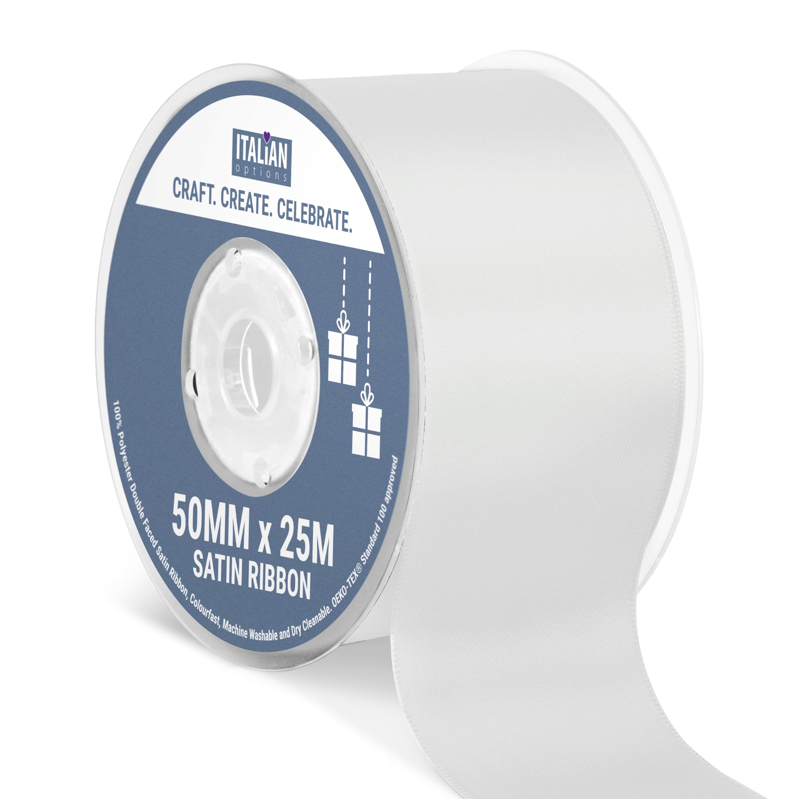 Italian Options Satin Ribbon, Fabric Ribbons for Gift Wrapping, Crafting, Balloons, Wedding Car, Presents, Cake, Christmas, Birthday, Gift Wrap Accessories, 50mm Wide x 25 Metre Roll, Silver