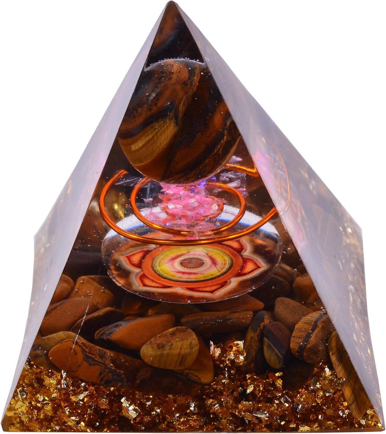 Mixed Media - Orgone Pyramid with Healing Crystal Tiger's Eyes Sphere, Natural Quartz Gemstone Inspirational Boost Meditation Energy Generator Orgonite Pyramid for Protection (Solar Plexus Chakra)
