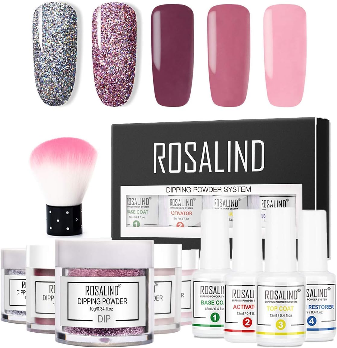 Dipping Powder Nail Starter Kit 5 Pink Glitter Colors 10g, Acrylic Mood Dip Powders System for French Nail (Comes with Base,Activator,Top,Brush Saver,5 Powder Jars + Nail Powder Brush)