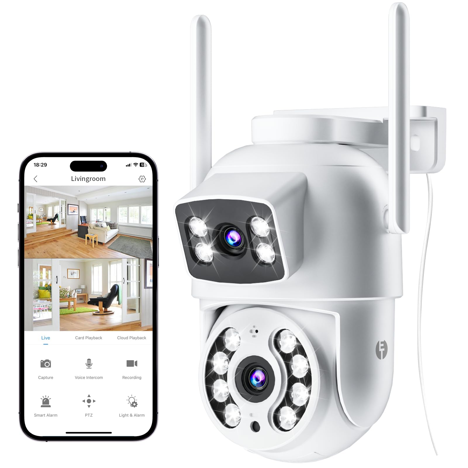 Photo 1 of E T EASYTAO Dual Lens 2.4GHz WiFi Security Camera for Indoor, 360° Pan/Tilt, Motion Tracking, Night Vision, Two-Way Audio, Cloud & SD Storage