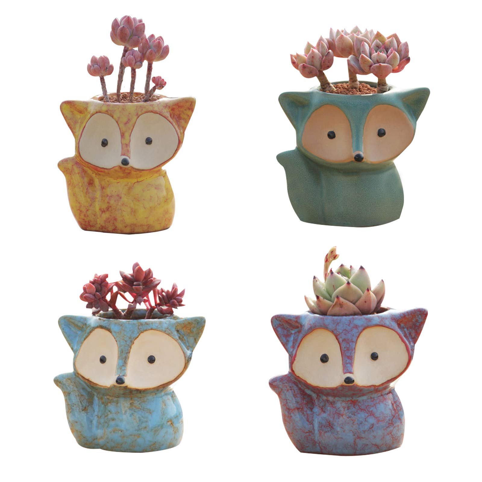 4 Pack Cute Fox Shape Ceramic Succulent Plant Pots Cactus Plant Pot Flower Pot with A Hole for Home & Office Decor
