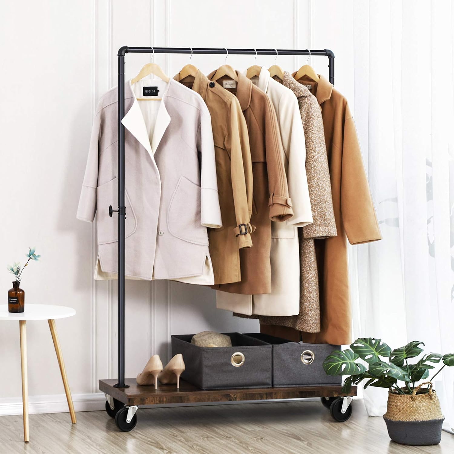 VASAGLE Clothes Rack, Industrial Pipe Style Rolling Garment Rack with Shoe Shelf, Lockable Wheels, Heavy Duty Clothing Rack for Laundry Room, Retail Store, Rustic Look UHSR65BX: Home Improvement