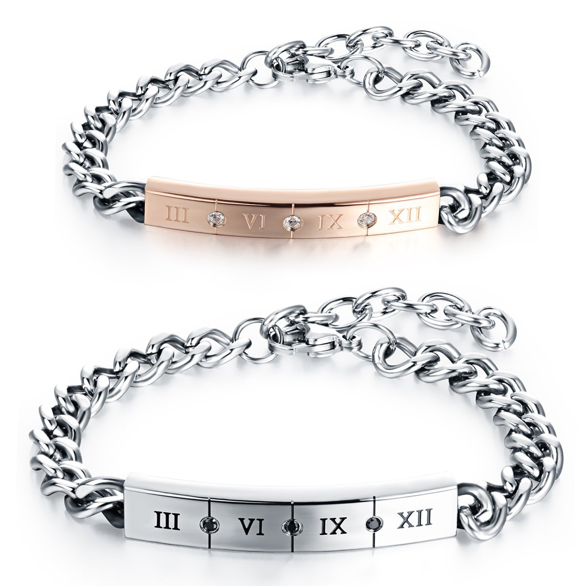 Cupimatch 2Pcs Stainless Steel Roman Numeral Couples Bracelet Bangle Shiny CZ Inlaid