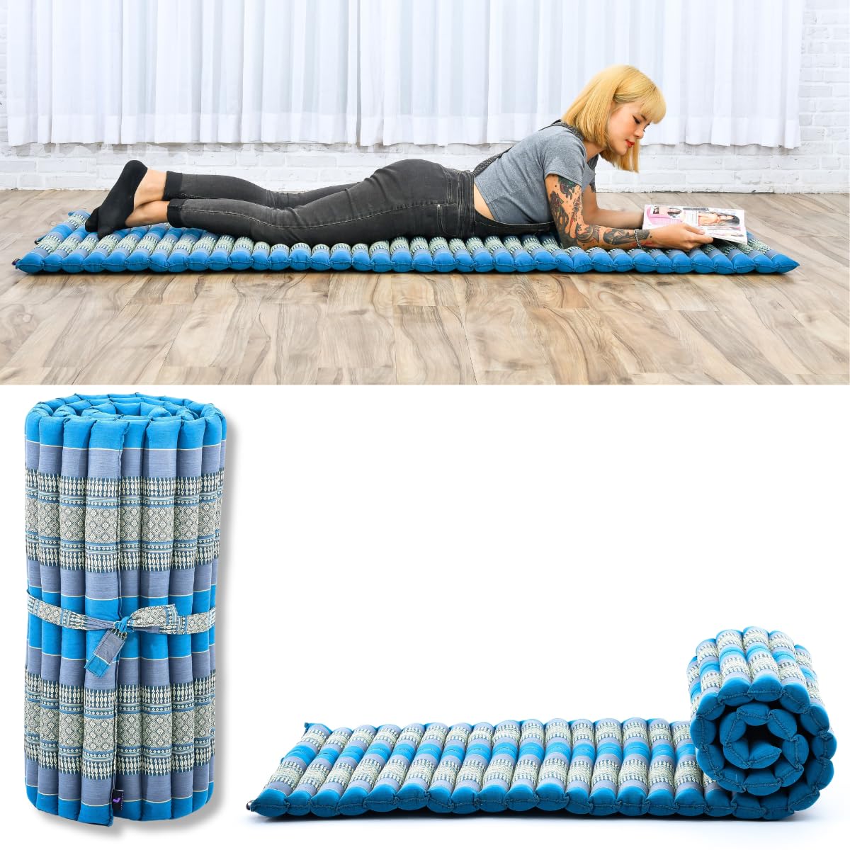 Leewadee - Foldable Floor Mattress - Japanese Roll Up Futon -Trifold Tatami Mat- Guest Floor Bed - Camping Mattress - Thai Massage Mat, Kapok Filled, 190 x 70 cm, Light Blue โ image 1