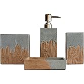 Hymmah Bathroom Accessories Set,Wooden Design Toothbrush Holder,Farmhouse Bathroom Decor,4 Pcs Resin Gift Set Apartment Necessities, Contain Toothbrush Cup,Soap Dispenser,Soap Dish,Tumbler