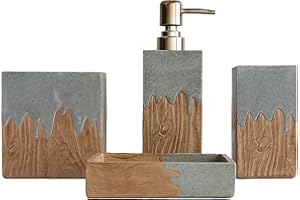 Hymmah Bathroom Accessories Set,Wooden Design Toothbrush Holder,Farmhouse Bathroom Decor,4 Pcs Resin Gift Set Apartment Necessities, Contain Toothbrush Cup,Soap Dispenser,Soap Dish,Tumbler