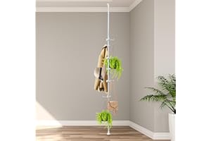 EUIJOIP Corner Coat Rack - 12 Hook Tension Rod Plant Stand Stainless Steel Organizer for Coats, Towels, Plants & More, No Drilling, Height Adjustable, White