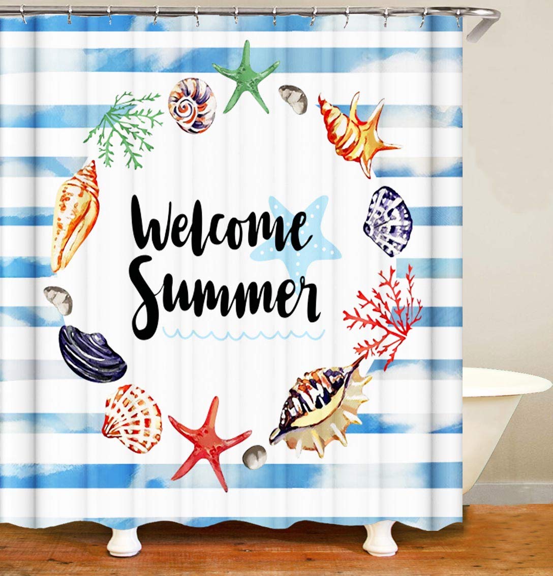 KALEFUL Summer Theme Shower Curtain - 2021 New Summer Decorations Summer Sea Starfish Conch Shower Curtains Bathroom Decor 72 x 72 Inches Waterproof Polyester Fabric with 12 Hooks