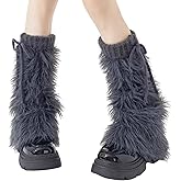 MatFirsmo Faux Fur Furry Leg Warmers for Women Girls, Warm Knit Fuzzy Boot Covers Long Boot Cuff Boot Sleeves, Gray Fluffy Legwarmers for Winter