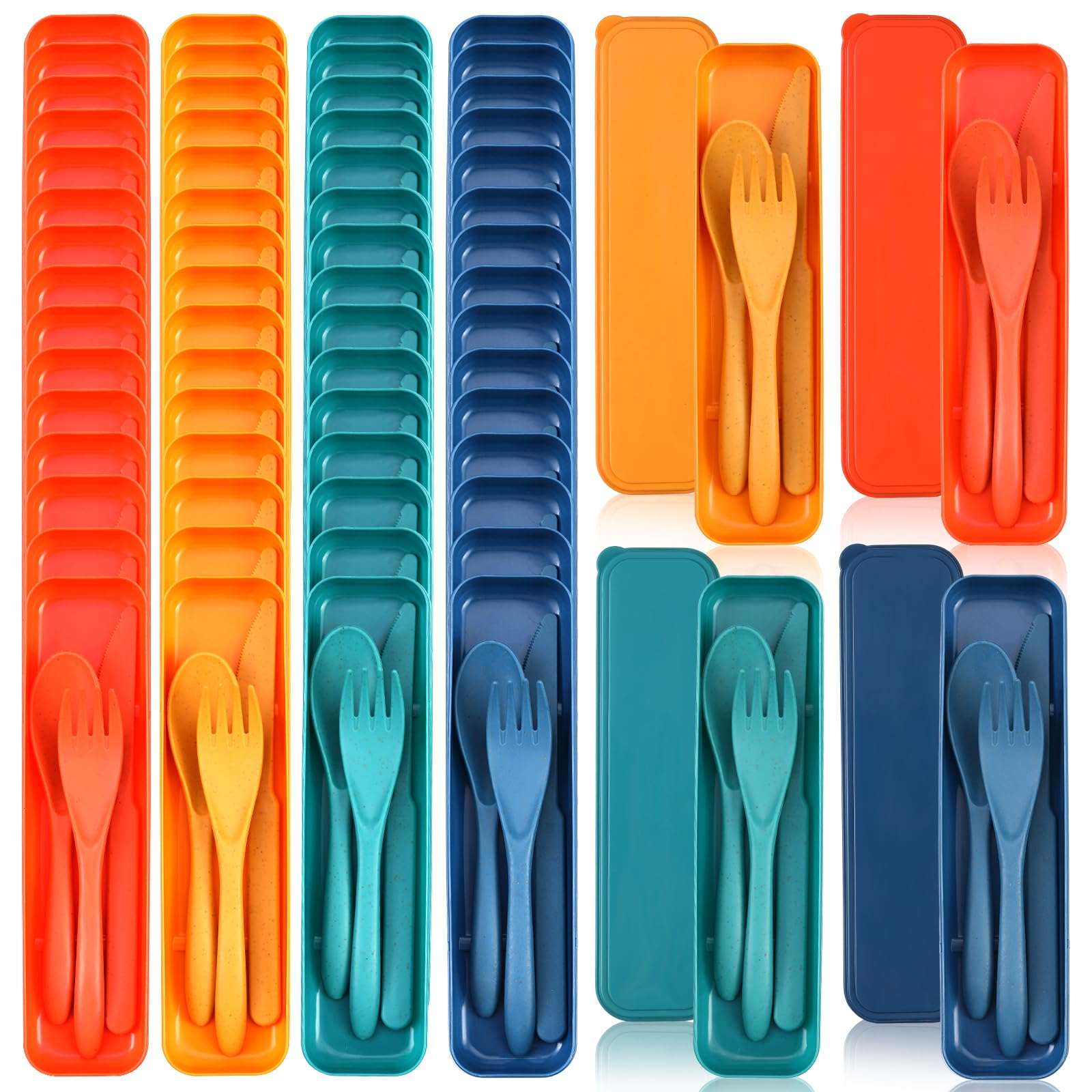 Photo 1 of Jinei 50 Sets Reusable Travel Utensils Set with Case Wheat Straw Cutlery Portable Spoon Knife Forks Lunch Box Accessories Friendly Tableware for Kids Adults Camping Utensils(Elegant)