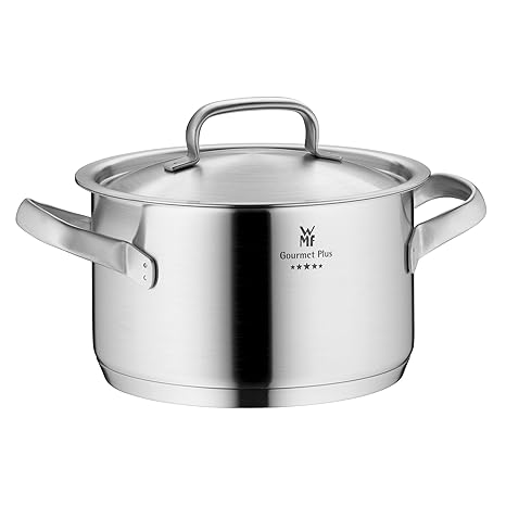 WMF Gourmet Plus Kochtopf hoch mit Metalldeckel, Ø 20 cm, Cromargan Edelstahl mattiert, Innenskalierung, Dampföffnung, indukt