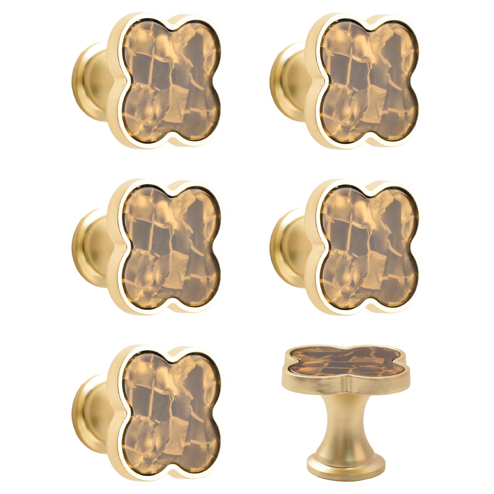 MOROBOR 6 PCS Four-Leaf Clover Handle, Creative Cabinet Drawer Pulls Multifunctional Single Hole Zinc Alloy Knobs for Dresser Wardrobe Door Furniture Accessories/Gold Base with Aurora Brown Surface — image 1