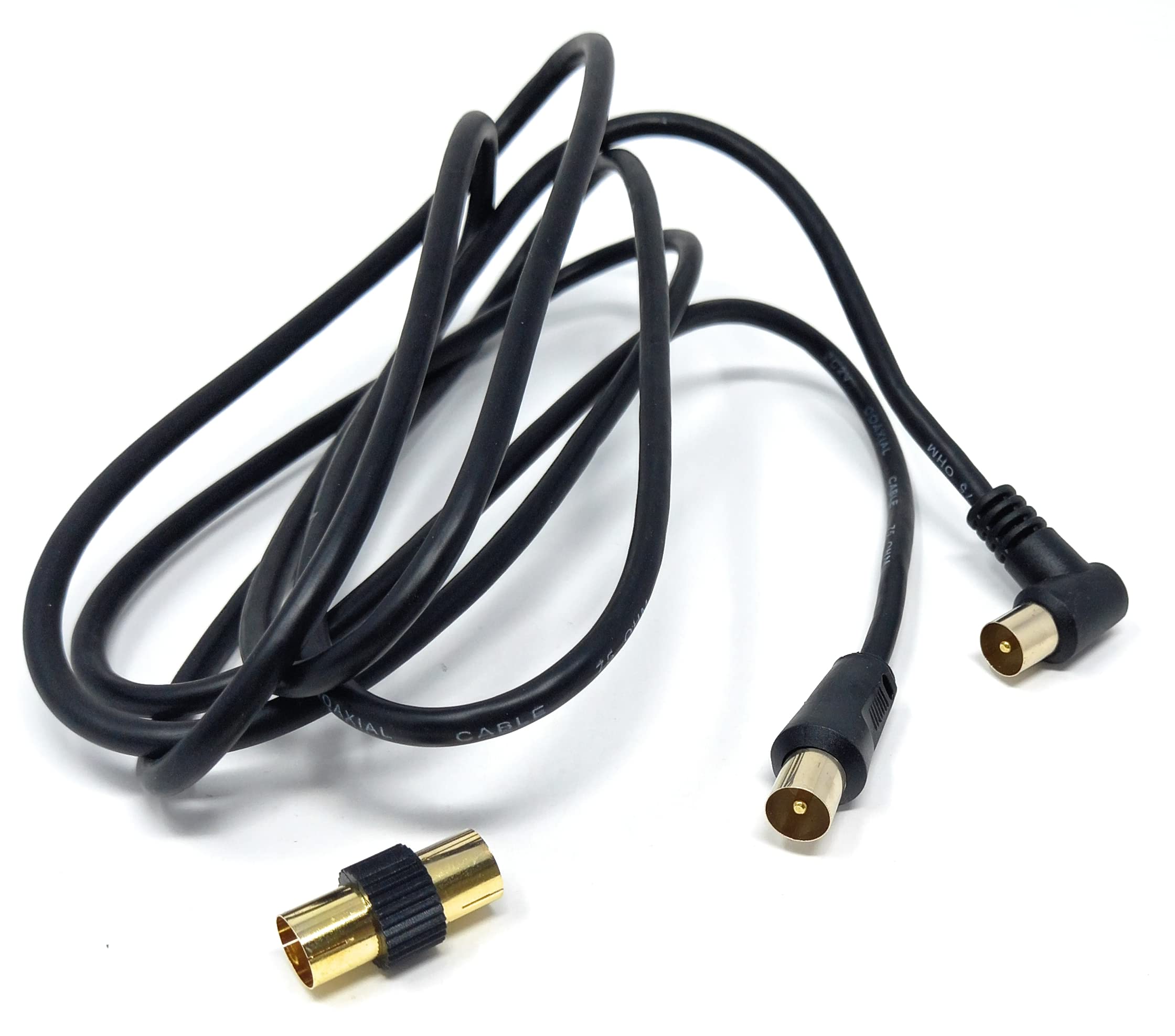 DRUT 2m TV RF Right Angle Male to Male Aerial Antenna Coaxial Cable With Female to Female Coupler Gold Connectors 75 ohm, 3C2V (6.5ft, Black)
