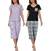 HONG HUI 2 Pack Womens Pajamas Set Short Sleeve Sleepwear Tops and Capri Pants Pjs Summer Loungewear Pj Sets S-3XL