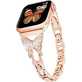 G-ficu Butterfly Band Compatible with Apple Watch Band 41mm 40mm 38mm iWatch Series 8 7 6 SE 5 4 3 2 1, Cute Slim Metal Jewelry Bands for Women, Fancy Bling Rhinestone Diamond Dressy Strap (Rose Gold)