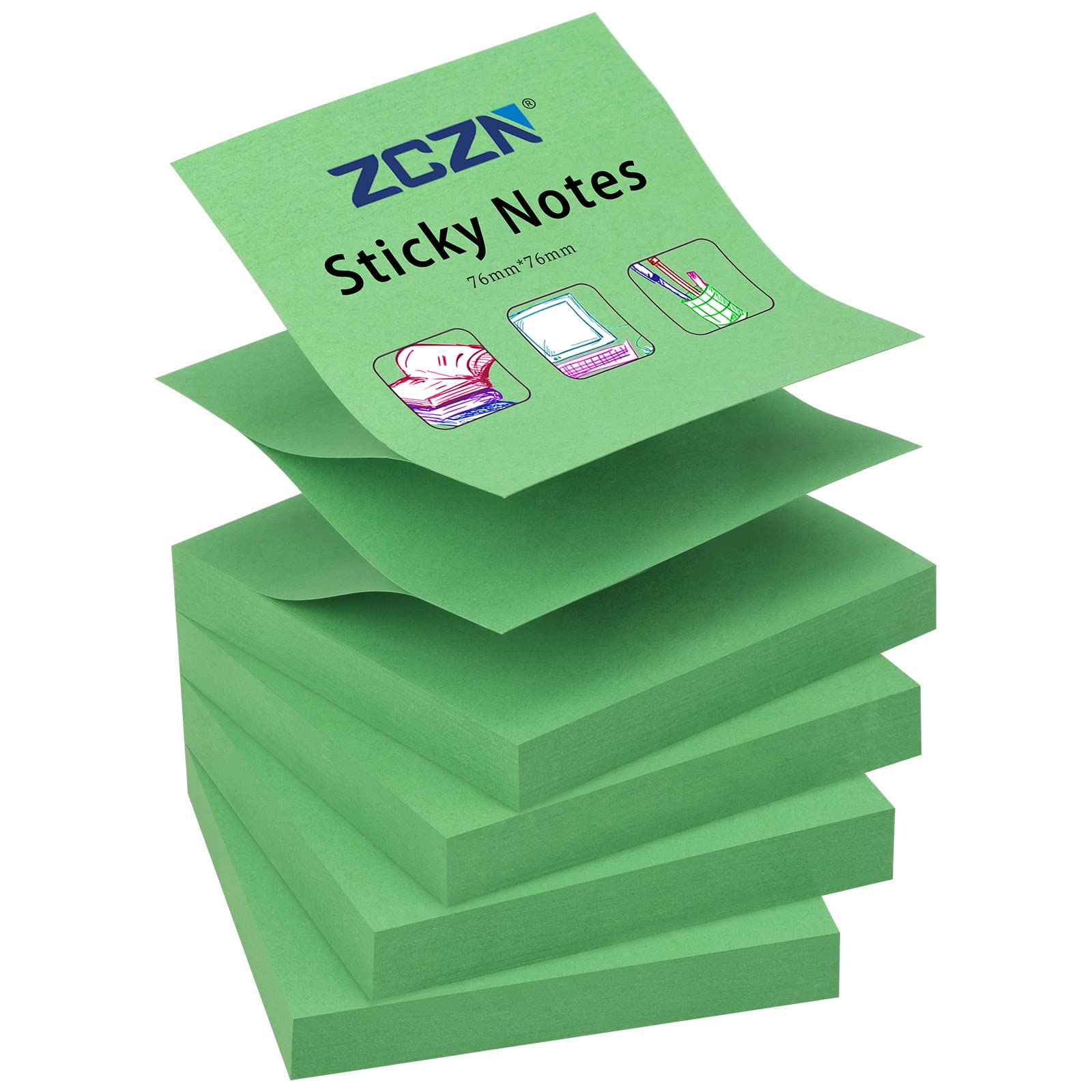 ZCZN Pop-up Sticky Notes 76 x 76 mm, 4 Pads Bright Colour Self-Stick Notes, 100 Sheets/Pad, Green