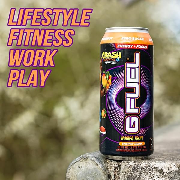 G FUEL ENERGY DRINK, APPLE MANGO, SUGAR FREE BEVERAGE WITH 300MG CAFFEINE, DAILY ENERGY BOOST WITH FOCUS AMINO, VITAMIN + ANTIOXIDANTS, 16 OZ CANS (CRASH BANDICOOT, 12-PACK)
