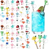 Dandat 50 Pcs Covers Cap Silicone Straw Tips Cover Reusable Cute Drinking Straw Toppers Adorable Dustproof Plugs for 6-8 mm, 25 Patterns