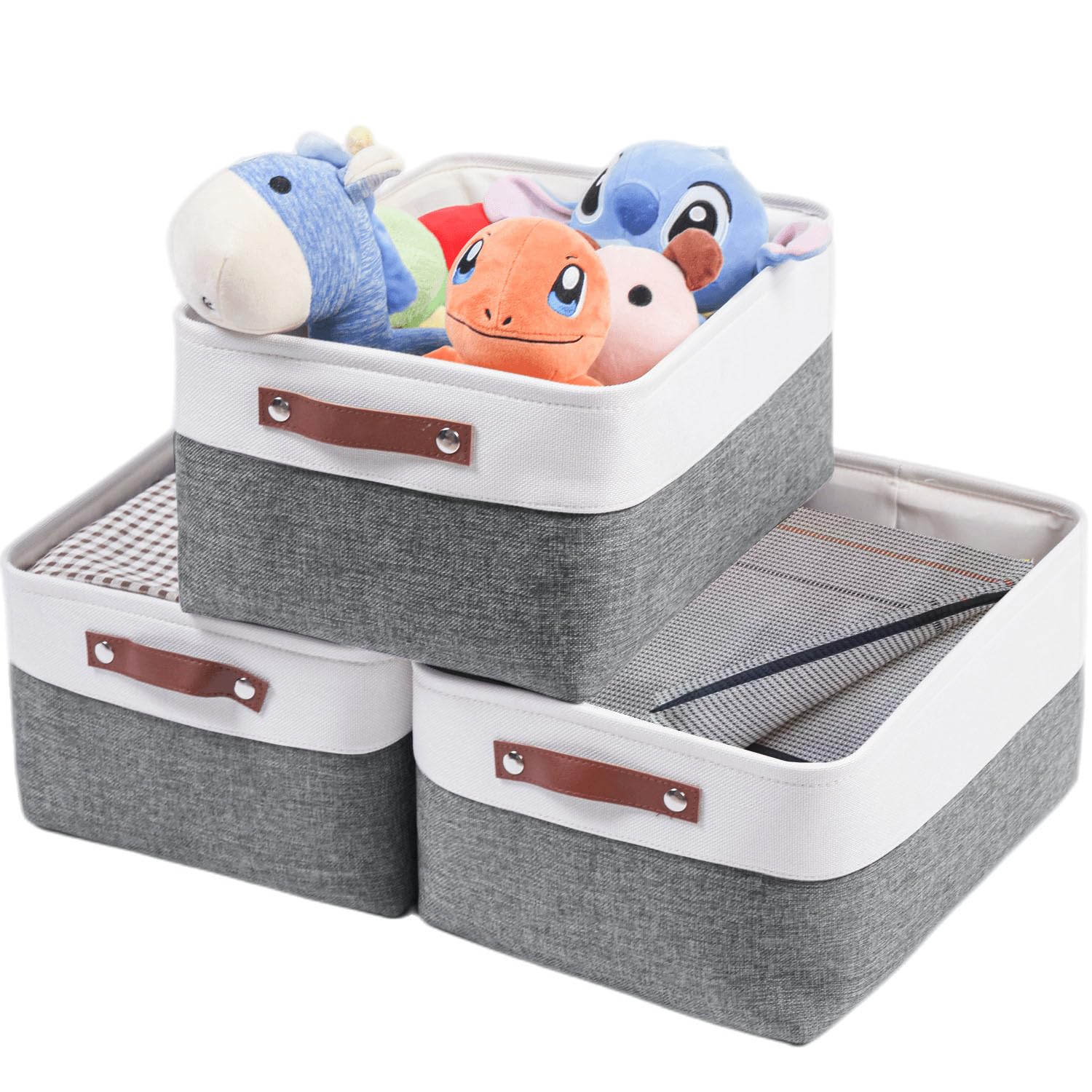 Mangata Woven Fabric Storage Boxes Set of 3, Canvas Storage Organizer for Clothes, Toys, Shelves, Cold Grey&White (Medium, 3Pack)