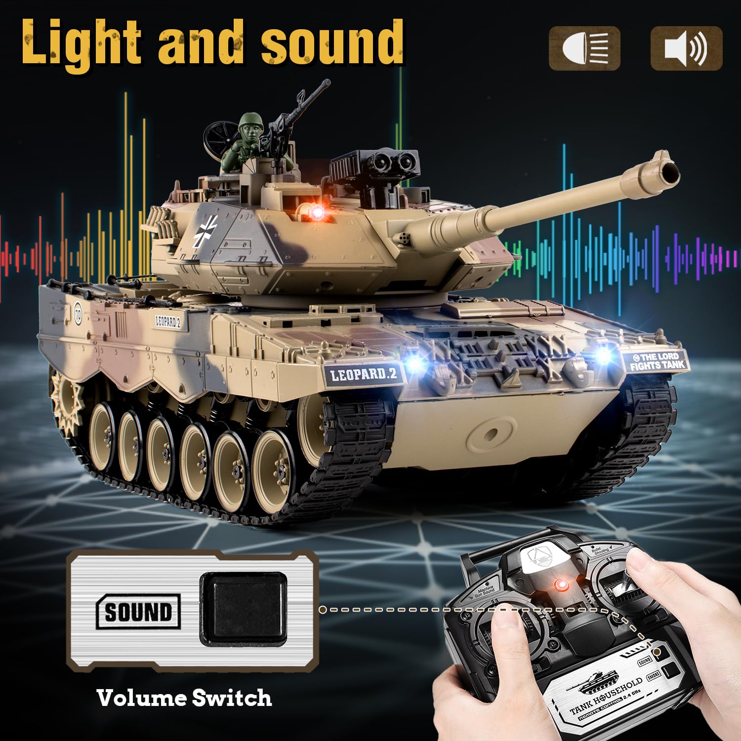 1:18 RC Tank, 2.4Ghz German Leopard II Remote Control Model Toys, RC Vehicle Tank That Shoots BBS and Water Bombs for Adults and Kids, Military Army Toys with Smoke, Lights, Sound and Recoil