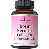 Biotin + Keratin + Marine Collagen + Hyaluronic Acid, 4-in-1 Hair Growth Vitamins with 10000mcg Biotin Capsules, Thickening Complex for Women & Men with Hair Thinning