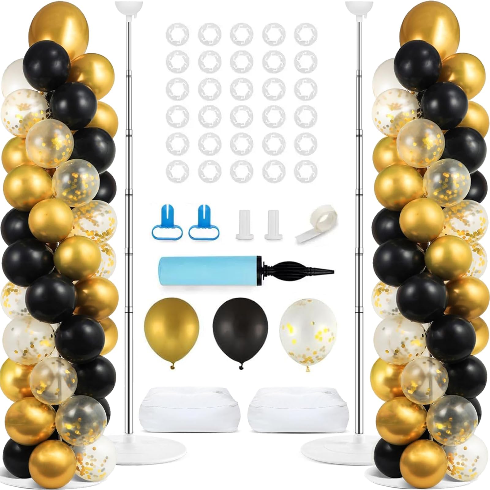 Photo 1 of 2 Sets Black Gold Balloon Column Stand Kit with 110 Balloons Adjustable Balloon Column Tower Stand with Bases for Floor Confetti Black Gold Balloon Arch for 50th Birthday Wedding School Holiday Party