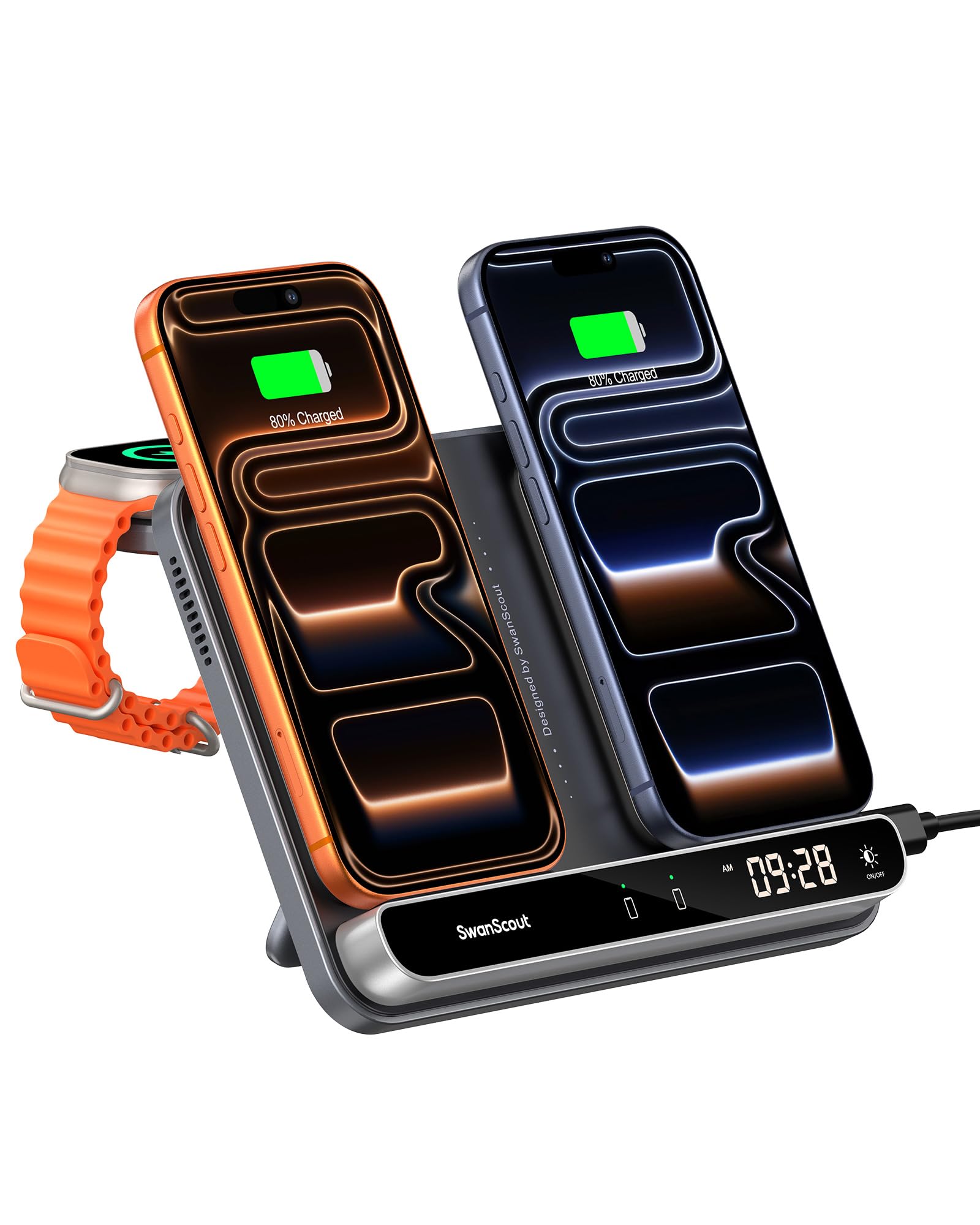 Dual Phone Charger, Wireless Charger for iPhone 17/16/15/14/13/12 Series, for Apple Watch 11/10/9/8/7/Ultra 3/SE 3, for AirPods 4/Pro 3/Pro 2, SwanScout 710A