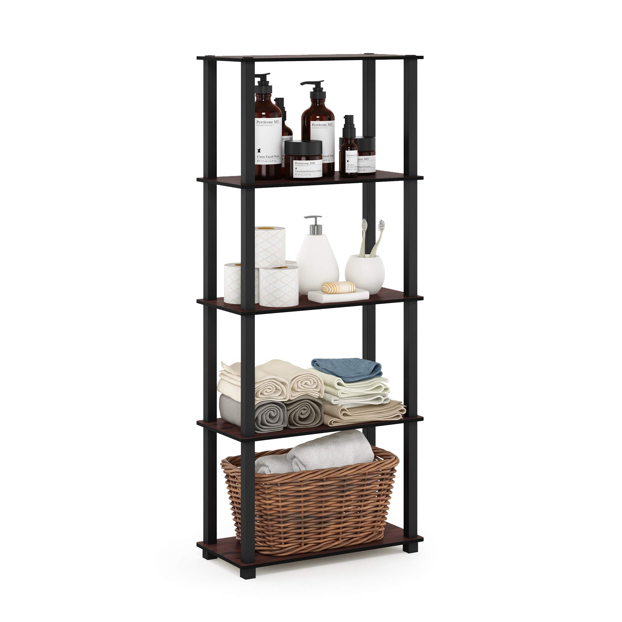Furinno TURN-S-TUBE Book Shelf, 5-Tier Toolless Storage Shelves with Square Tubes, Shelving Unit for Organization and Storage for Living Room, Home Office, Dark Cherry