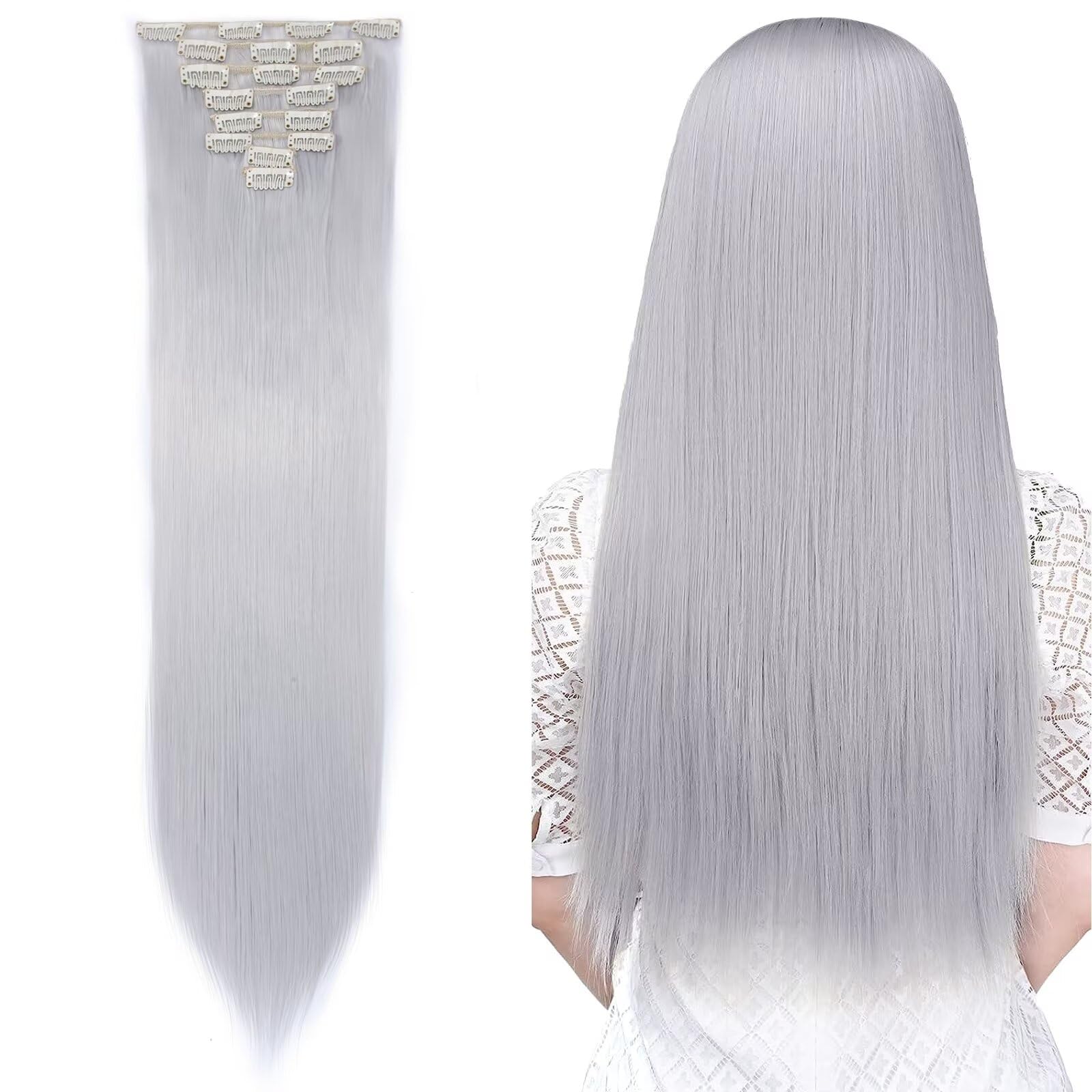 Silk-co Clip in Hair Extensions 26" Silver Grey 100% Synthetic Hairpiece Extension 8pcs Long Straight Hair Pieces For Full Head — image 1