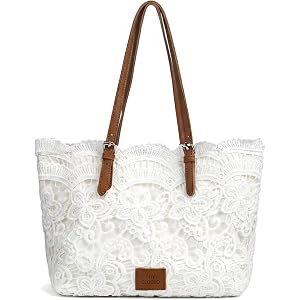 Lace Purse for Women, Boho Shoulder Handbag with Ribbon Detail and PU Leather Strap, Beige Summer Small Tote Bag for Beach Va