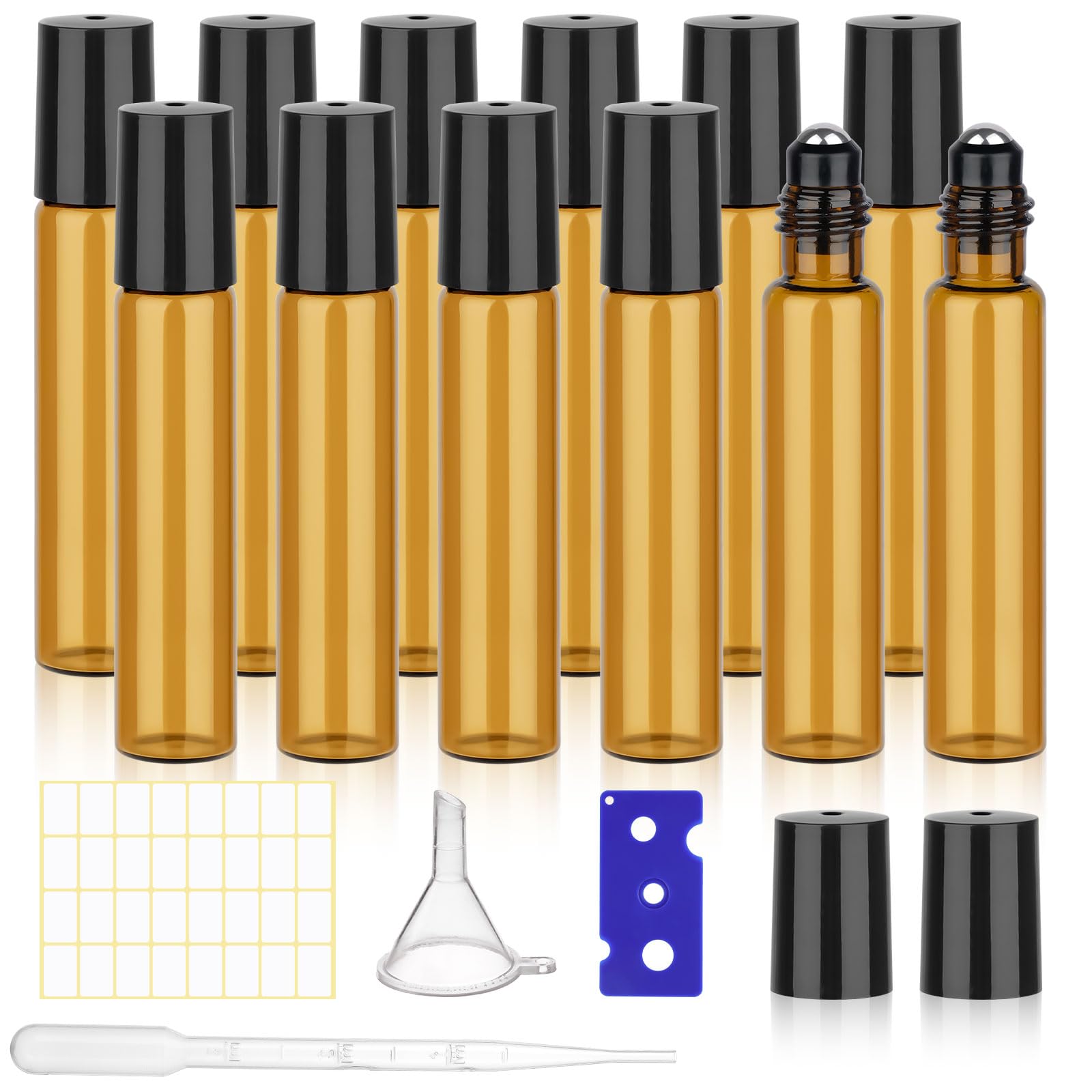 Photo 1 of 12 Pack Amber Roller Bottles for Essential Oils, 10ml Glass Roll On Bottles for Travel and Lip Gloss, Empty Perfume Roller Ball Applicator Bottle With Lid, Dropper, Funnel, Opener, Labels